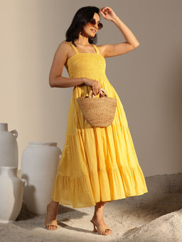 Libas - Yellow Solid Layered Fit and Flared Dress with Pocket