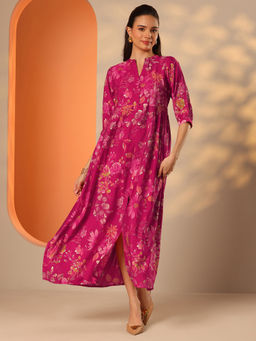 Libas - Pink Floral Printed Fit and Flared Dress with Front Slit and Pocket