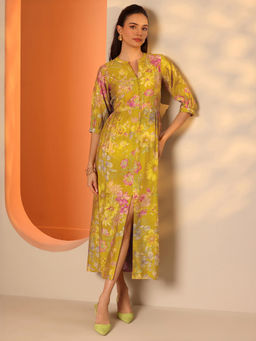Libas - Green Floral Printed Fit and Flared Dress with Front Slit and Pocket