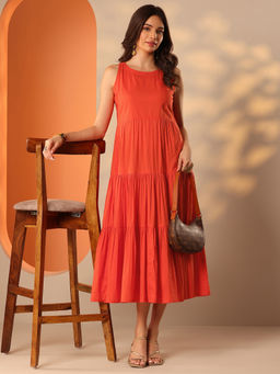 Libas - Orange Solid Pleated Dress with Side Pocket