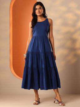 Libas - Navy Blue Solid Pleated Dress with Side Pocket