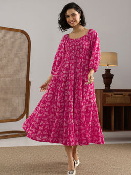 Libas - Pink Floral Printed Fit and Flared Dress with Pocket