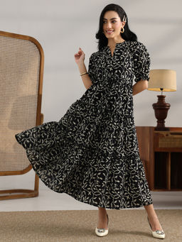 Libas - Black Floral Printed Fit and Flared Dress