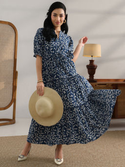 Libas - Navy Blue Floral Printed Fit and Flared Dress
