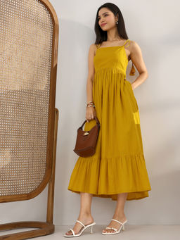 Libas - Mustard Fit and Flared Solid Maxi Dress