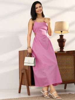 Libas - Pink Solid Fit and Flared Backless Dress
