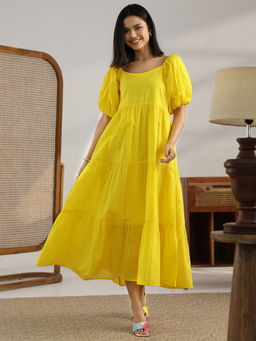 Libas - Yellow Solid Fit and Flared Dress with Pocket