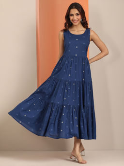 Libas - Navy Blue Geometric Printed Fit and Flared Panelled Dress