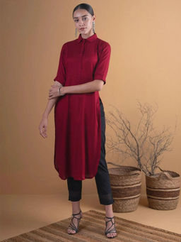 Libas - Maroon Rayon Self Design Pathani Kurta