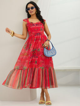 Libas - Red Abstract Printed Fit and Flared Cap Sleeves Dress with Lining