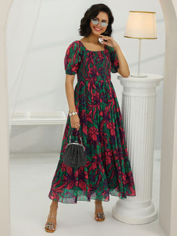 Libas - Multi-Color Floral Printed Fit and Flared Puff Sleeves Dress