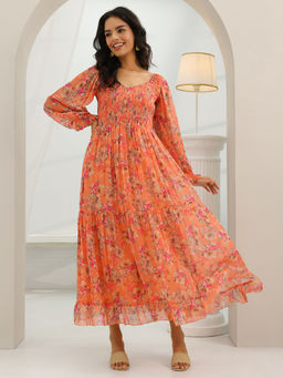 Libas - Orange Floral Printed Fit and Flared Balloon Sleeves Dress