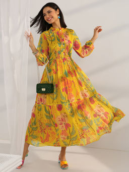 Libas - Yellow Floral Printed Fit and Flared Dress