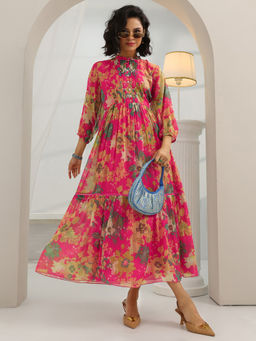 Libas - Hot Pink Floral Printed Fit and Flared Dress