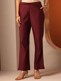Libas - Maroon Solid Flat Front Straight Pant