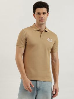 United Colors of Benetton - Beige Regular Fit Collar Neck Printed Back Horse Pique Polo T-Shirt