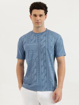 United Colors of Benetton - Blue Relaxed Fit Round Neck Printed Exploded Cable Jacquard T-Shirt