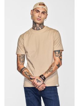 Snitch - Beige Plain Half Sleeves Regular Casual T-Shirt for Men