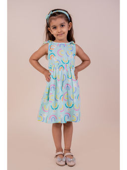 Snuggly Monkey - Girls Blue Rainbow Print Dress with Hairband