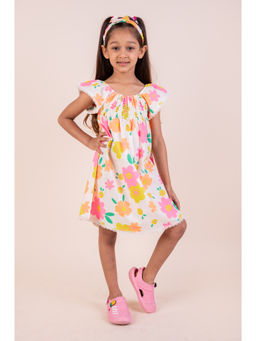 Snuggly Monkey - Girls Floral Print White Dress with Hairband