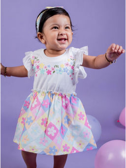 Snuggly Monkey - White Floral Print Dress with Hairband