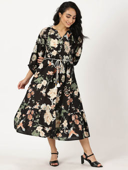 Saffron Threads - Black Tropical Print Boho Midi Dress with Belt (Set of 2)
