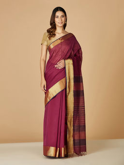 Fabindia - Wine Cotton Silk Maheshwari Striped Saree Without Blouse