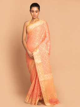 Indethnic - Banarasi Coral Woven Design Work Wear Saree With Unstitched Blouse