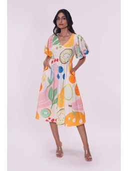 Poppi - Berry Printed Multi-Color V-Neck Dress