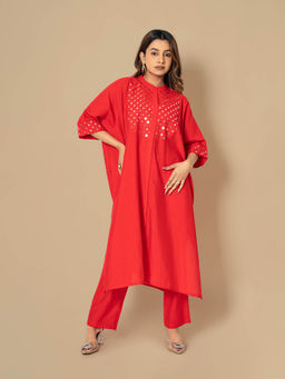 Autumnlane - Red Naina Carmine Mirror Work Kurta with Pant (Set of 2)
