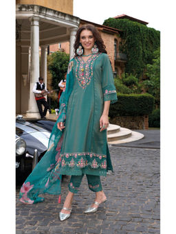 Autumnlane - Tuba Teal Pakistani Full Kurta with Pant and Dupatta (Set of 3)