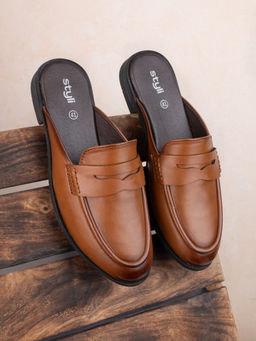 Styli - Men Faux Leather Tan Classic Slip On Loafer Mules