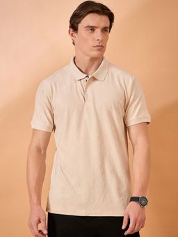Club York - Men Beige Textured Regular Fit Polo T-Shirt
