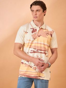 Club York - Men Cream Print Regular Fit Polo T-Shirt