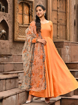 Vinya - Orange Fit and Flare Anarkali with Floral Organza Dupatta (Set of 2)