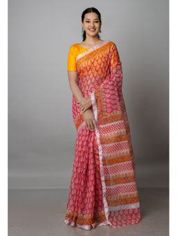 Unnati Silks - Red Pure Block Printed Kota Cotton Saree with Unstitched Blouse