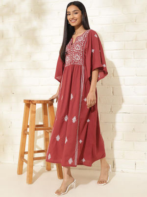 Haveli Chikankari Red Handwoven Cotton Pleated Dress main image 0