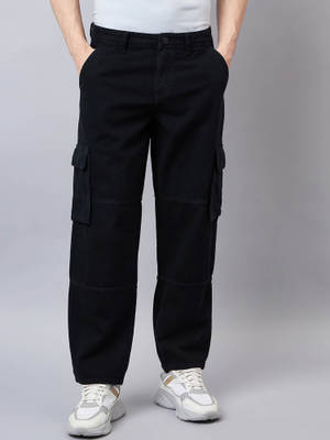 Style Quotient Men Black Relaxed Fit Mid Rise Cargos - Image 1