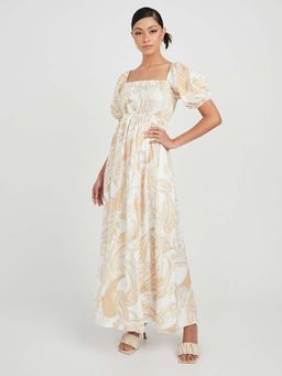 Styli - White Paisley Print Puff Sleeves A-line Maxi Dress