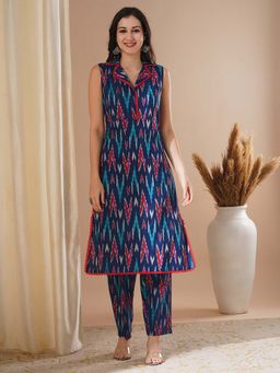 FASHOR - Ethnic Ikat Printed Straight Fit Co-Ord - Blue (Set of 2)