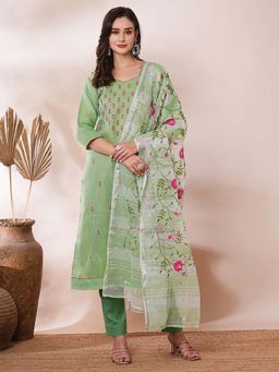 FASHOR - Embroidered Straight Fit Kota Doriya Kurta with Dupatta and Pant - Green (Set of 3)