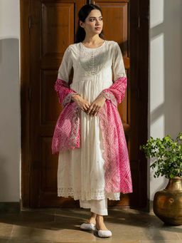 FASHOR - Embroidered A-Line Kurta with Pant and Bandhani Printed Dupatta - White (Set of 3)