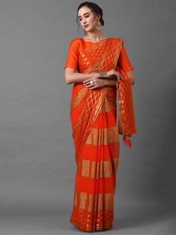 Akhilam - Orange Casual Chiffon Solid Saree with Unstitched