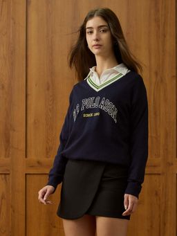 U.S. POLO ASSN. - Relaxed Fit Brand Printed Sweater - Navy Blue