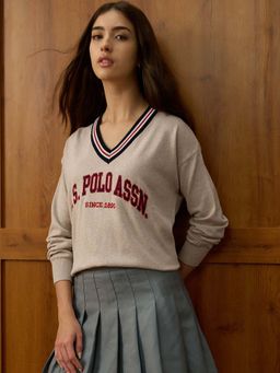 U.S. POLO ASSN. - Relaxed Fit Brand Printed Sweater - Beige