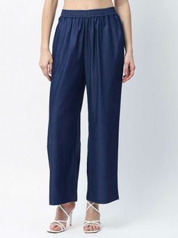 Madame - Wide Leg Navy Blue Cotton Blend Pant
