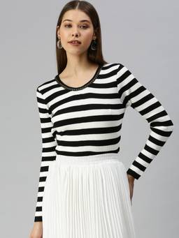SHOWOFFFF - Women Jewel Neck Solid Black Regular Top