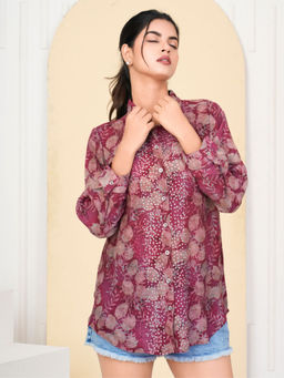 KAFTANIZE - Fuchsia Pink Printed Rhinestone Detail Cotton Shirt