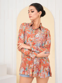 KAFTANIZE - Orange Printed Cotton Shirt with Rhinestone Floral Collar