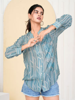 KAFTANIZE - Ice Blue Mandarin Collar Rhinestone Detailed Floral Full Sleeve Printed Shirt